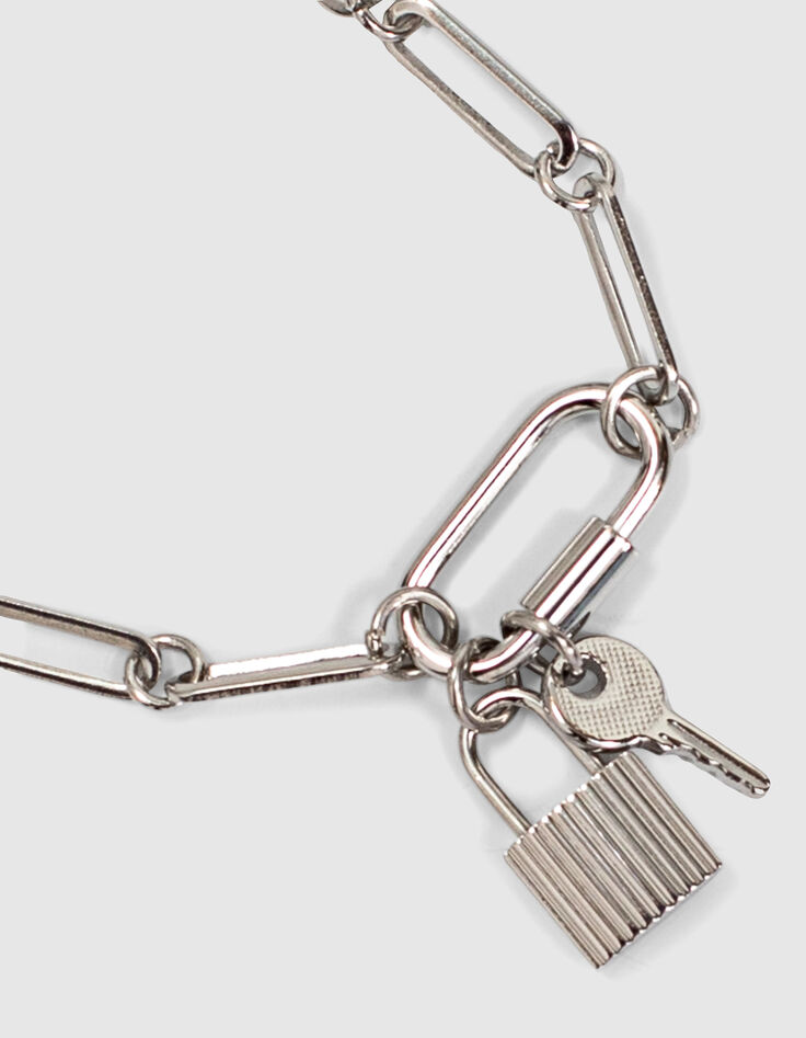 Bracelet grosse maille argenté mousqueton et charms femme-2