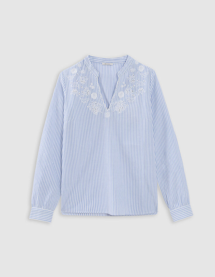 Blouse rayures bleu ciel plastron brodé-6