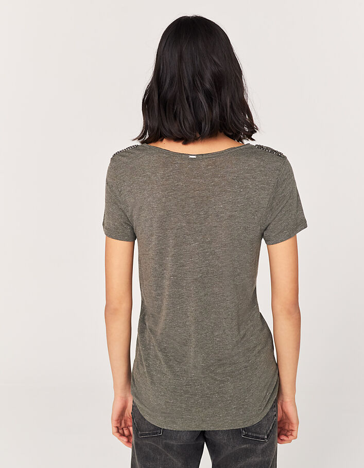 Women’s khaki metallic beaded viscose T-shirt - IKKS