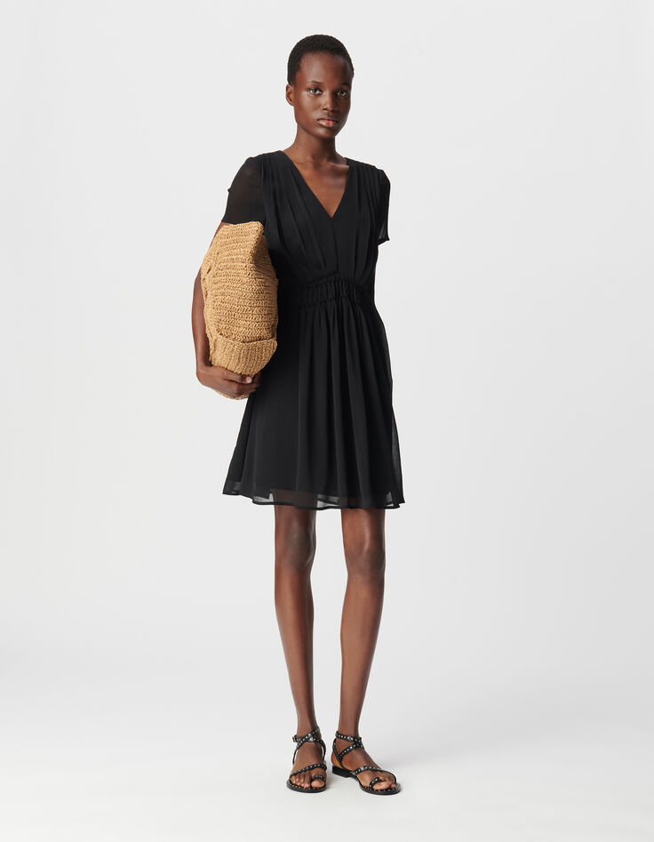 Robe noire détail plissé taille Femme-1