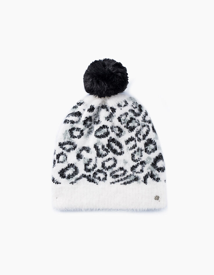 Girls’ off-white, black and grey leopard beanie-2
