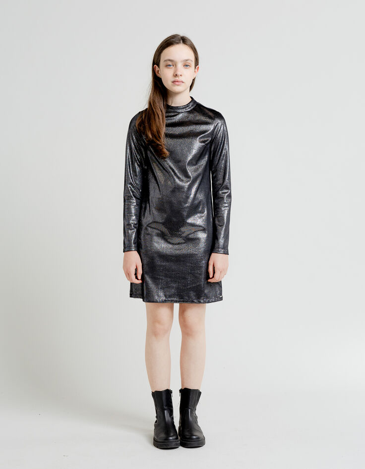 Black sequined velvet dress with high collar for girls-2