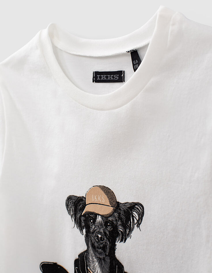 T-shirt blanc cassé bio à visuel chien-batteur garçon -5