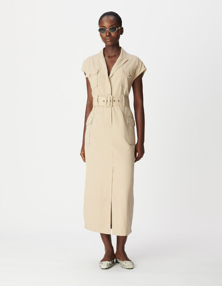 Robe saharienne longue beige sans manches Femme-2