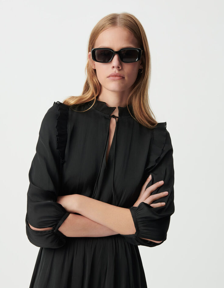 Schwarzes Damensatinkleid Plisseerüschen-5