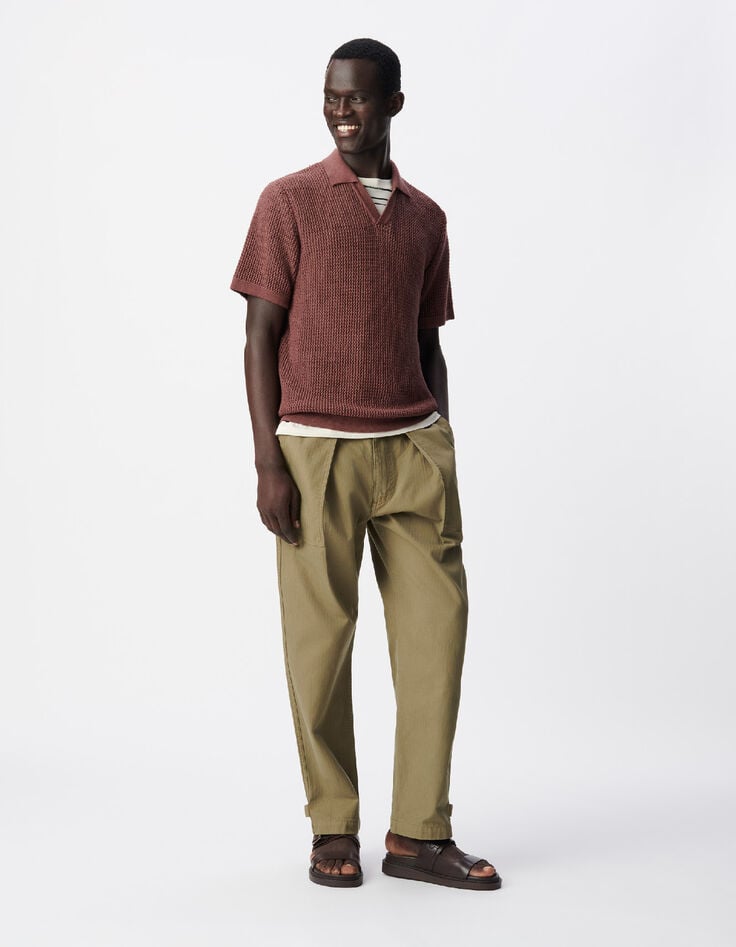 Polo marron tricot ajour&eacute; Homme-2