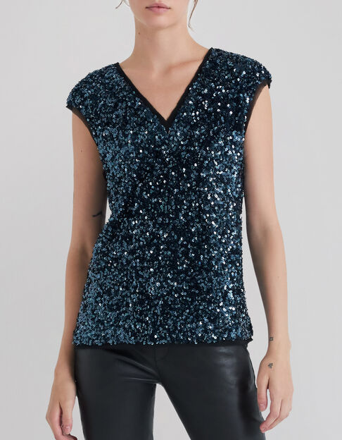 Women’s blue embroidered reversible sequin front/back top - IKKS