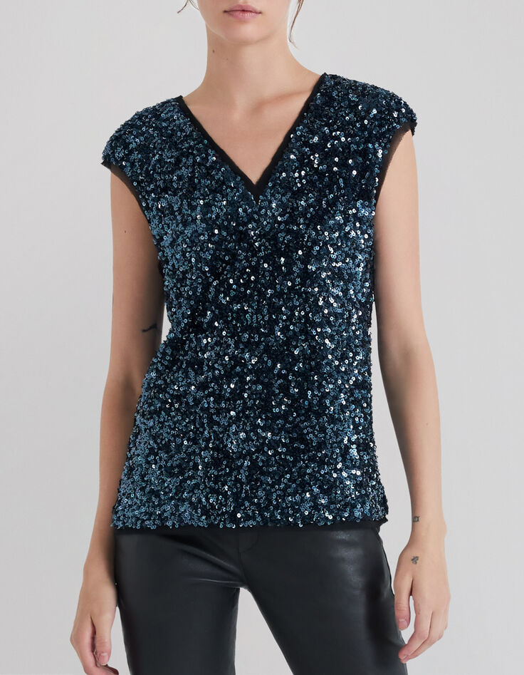 Top bleu brodé sequins réversible devant dos Femme-1
