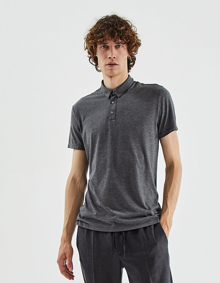 Polo gris anthracite à col pressionné IKKS BETTER Homme-1