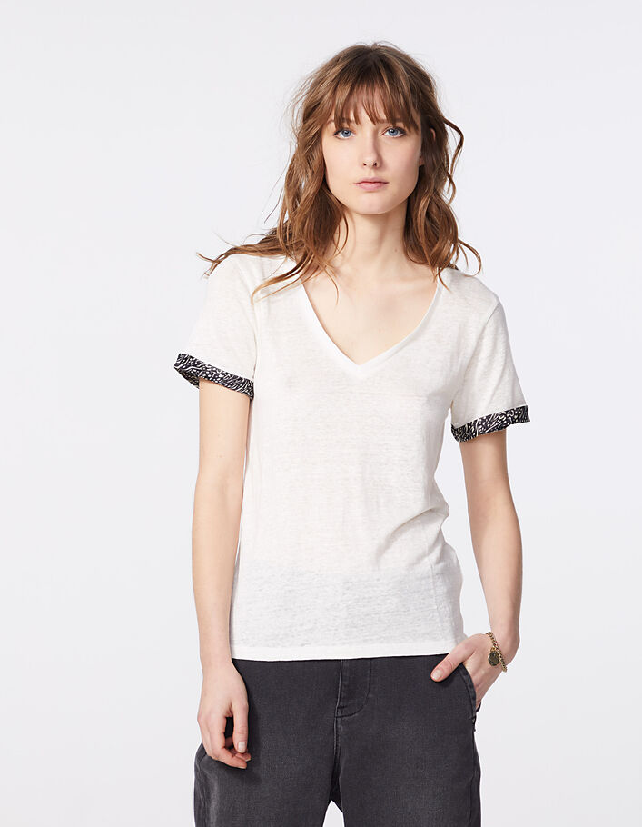 Camiseta de lino blanco roto vueltas mangas cebra mujer  - IKKS