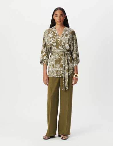 Women’s khaki kimono shirt with scarf print - IKKS