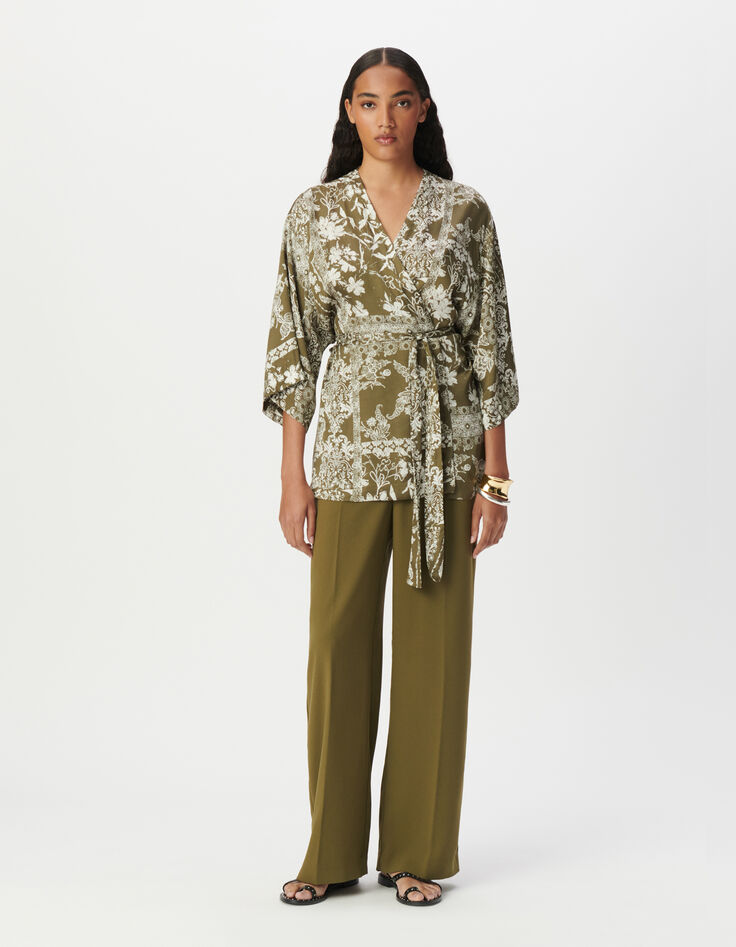 Women’s khaki kimono shirt with scarf print-1