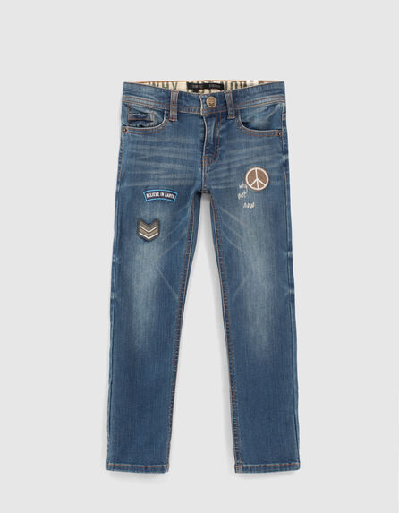 Boys’ vintage blue slim jeans with patches