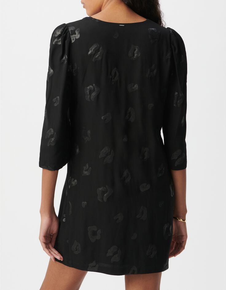 Robe housse mi-cuisse noire motif l&eacute;opard brod&eacute; sequins Femme-3