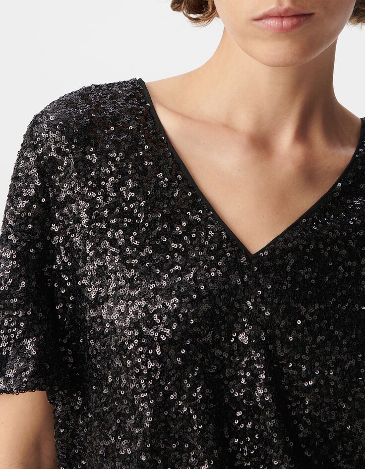Top noir broderies sequins manche trompette Femme-4