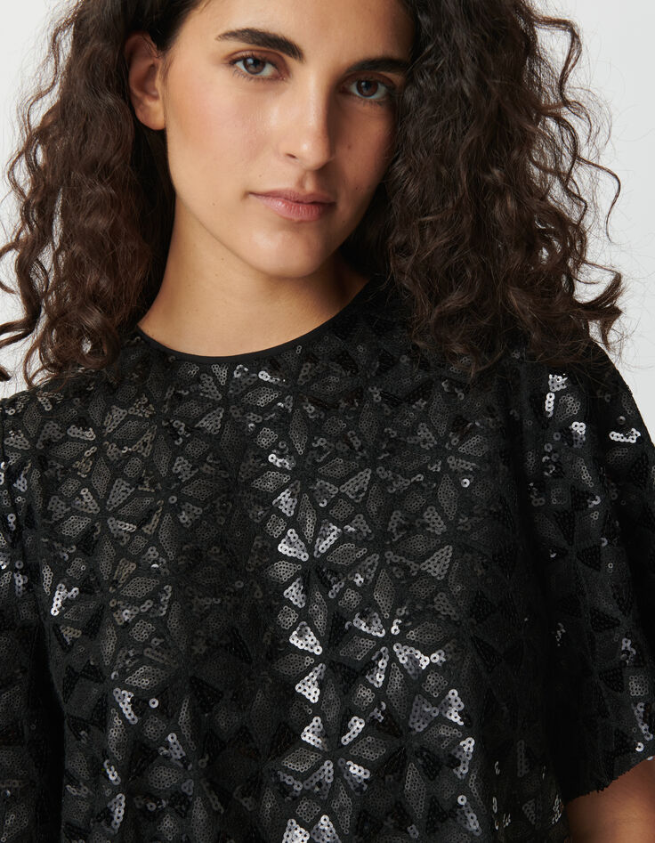 Top noir brodé sequins manches papillon Femme-4