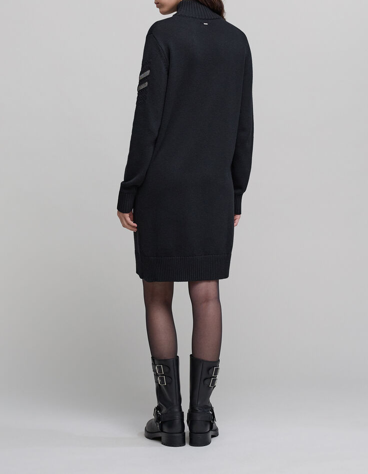 Black beaded shoulder funnel neck knitted dress-3