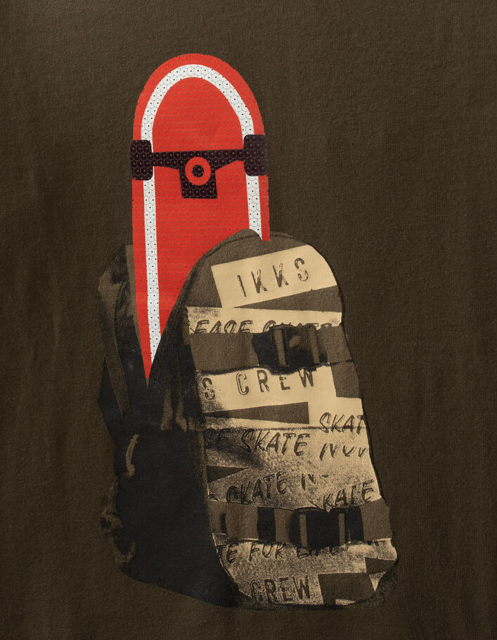 Kaki T-shirt biokatoen skateboard lovertjes jongens-3