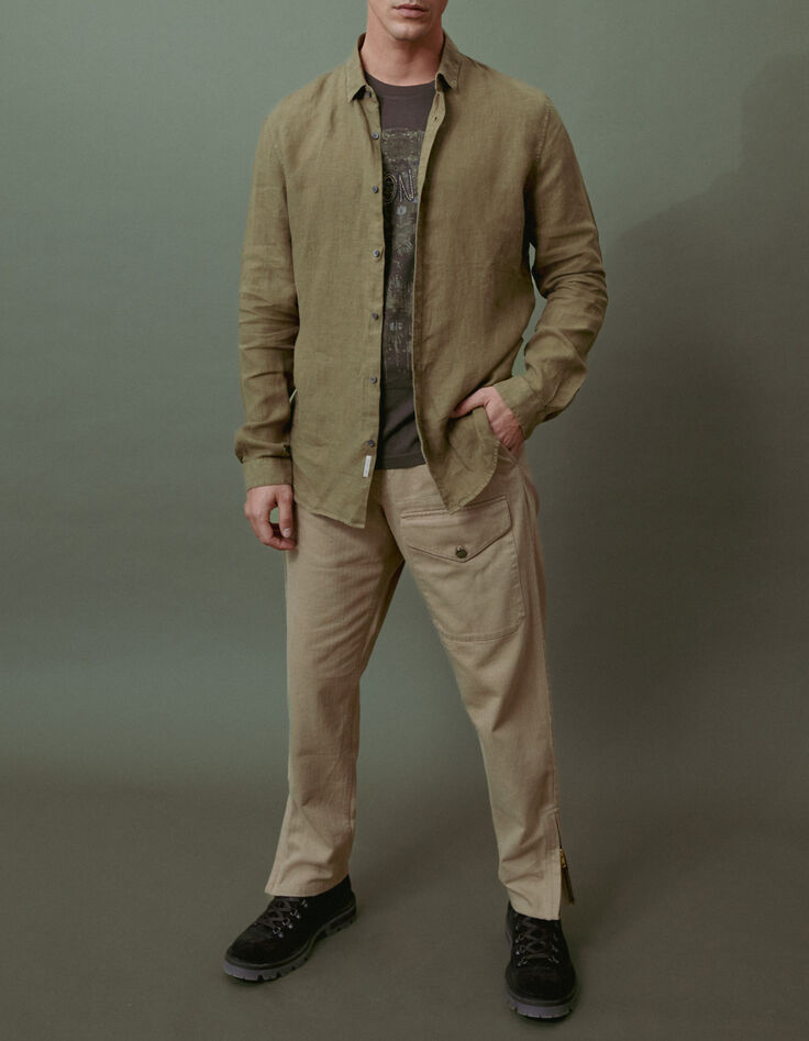 Khaki SLIM-Herrenhemd aus 100% Leinen-7