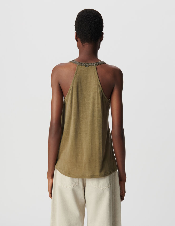 Women’s khaki vest top with bead- embroidered armholes-3