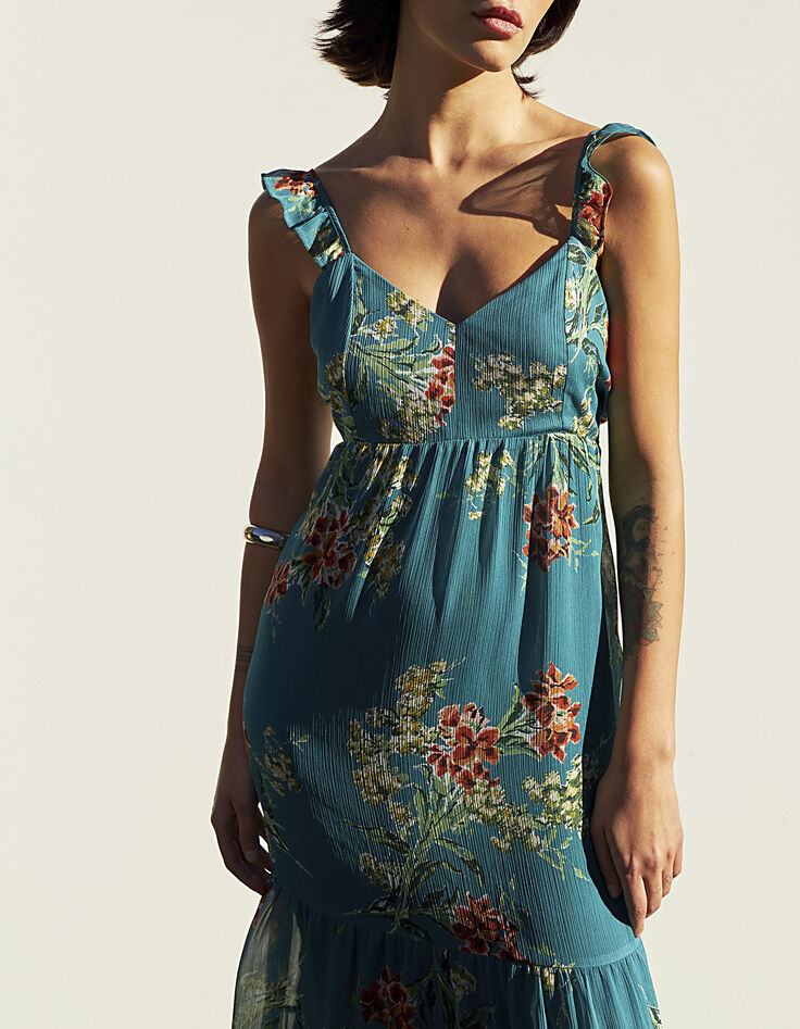 Robe voile recyclé imprimé bouquet de fleurs volants femme-2