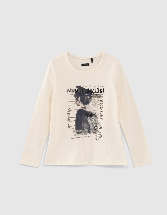 Girls’ ecru T-shirt with girl image and marking