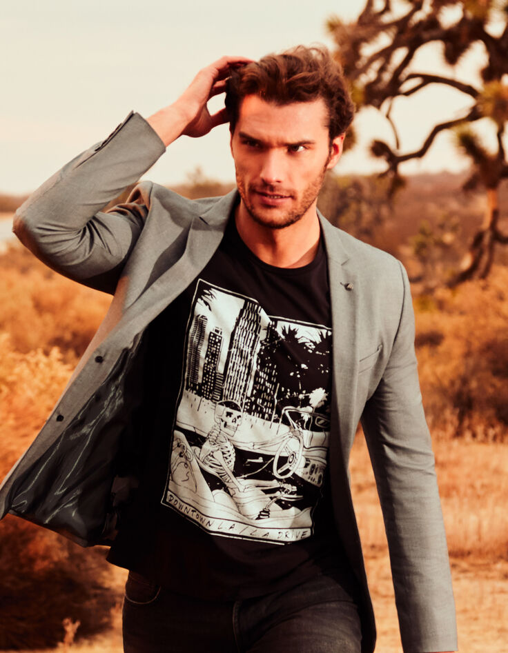 Schwarzes Herren-T-Shirt weißem Skelett-Fahrer-1