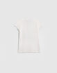 Ecru T-shirt met palmopdruk en tekst met glitters meisjes-3