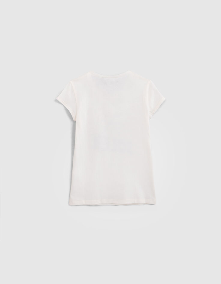 Ecru T-shirt met palmopdruk en tekst met glitters meisjes-3