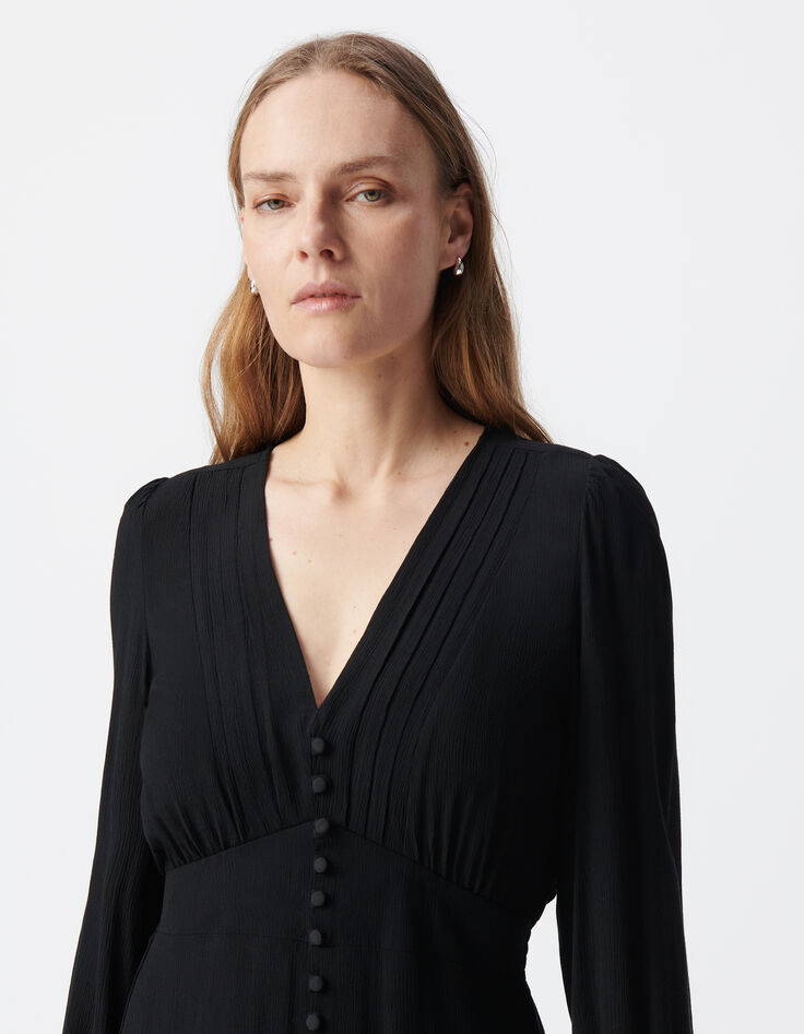 Schwarzes Kleid für Damen mit Falten und Knöpfen-5