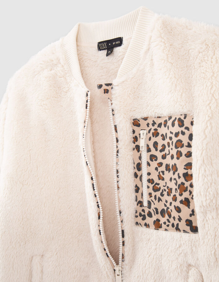 Girls’ ecru plush cardigan with leopard motif details-5