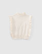 Pull écru tricot volants sans manches fille-3