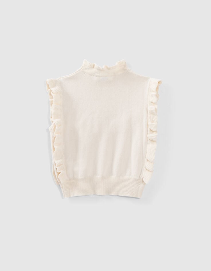 Pull écru tricot volants sans manches fille-3