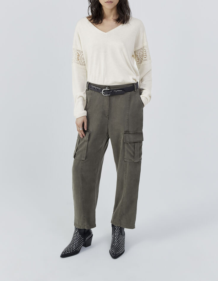 Pull réversible écru tricot dentelle aux manches Femme-6