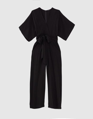 Women’s black viscose long jumpsuit with kimono sleeves - IKKS