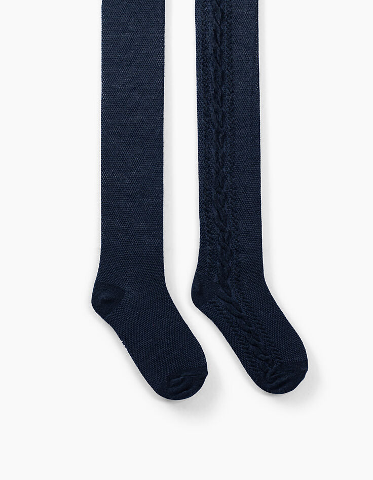 Girls’ navy knitted tights with cable knit down legs-1