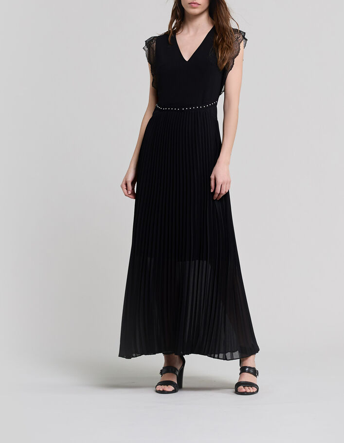 Robe longue noire plissée recyclée Femme