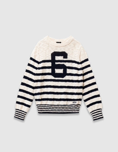 Pull &eacute;cru tricot rayures marine et chiffre gar&ccedil;on - IKKS