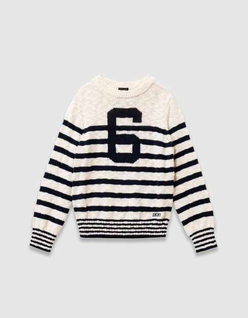 Pull &eacute;cru tricot rayures marine et chiffre gar&ccedil;on - IKKS