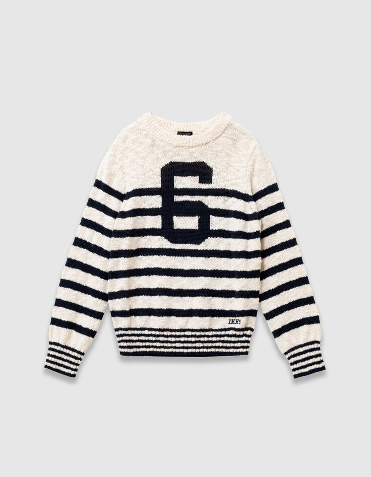 Pull &eacute;cru tricot rayures marine et chiffre gar&ccedil;on-1