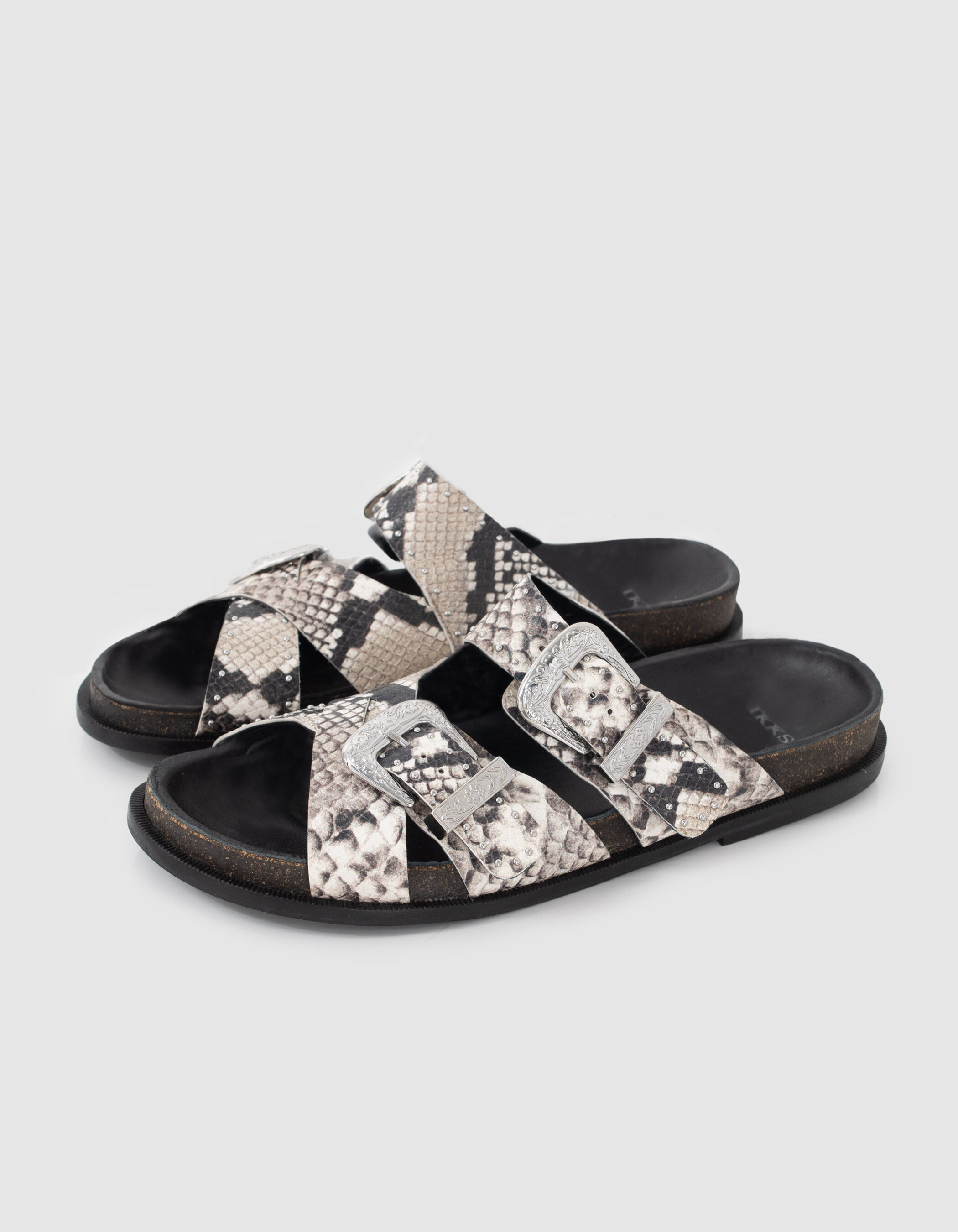 Women s beige python look leather mules Western buckles IKKS