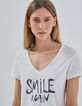 Gebroken wit T-shirt gevlamd katoen, glittertekst dames-1