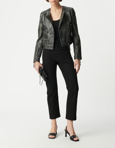 Schwarze Bikerjacke aus gewaschenem Leder mit Rei&szlig;verschlusstaschen Damen - IKKS