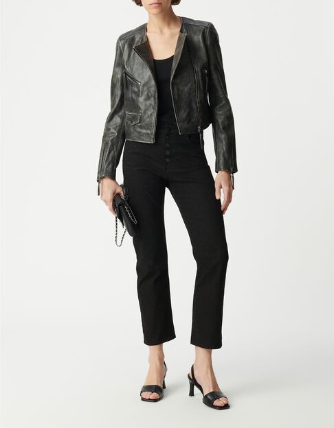 Cazadora biker de mujer de piel lavada negra con bolsillos de cremallera - IKKS