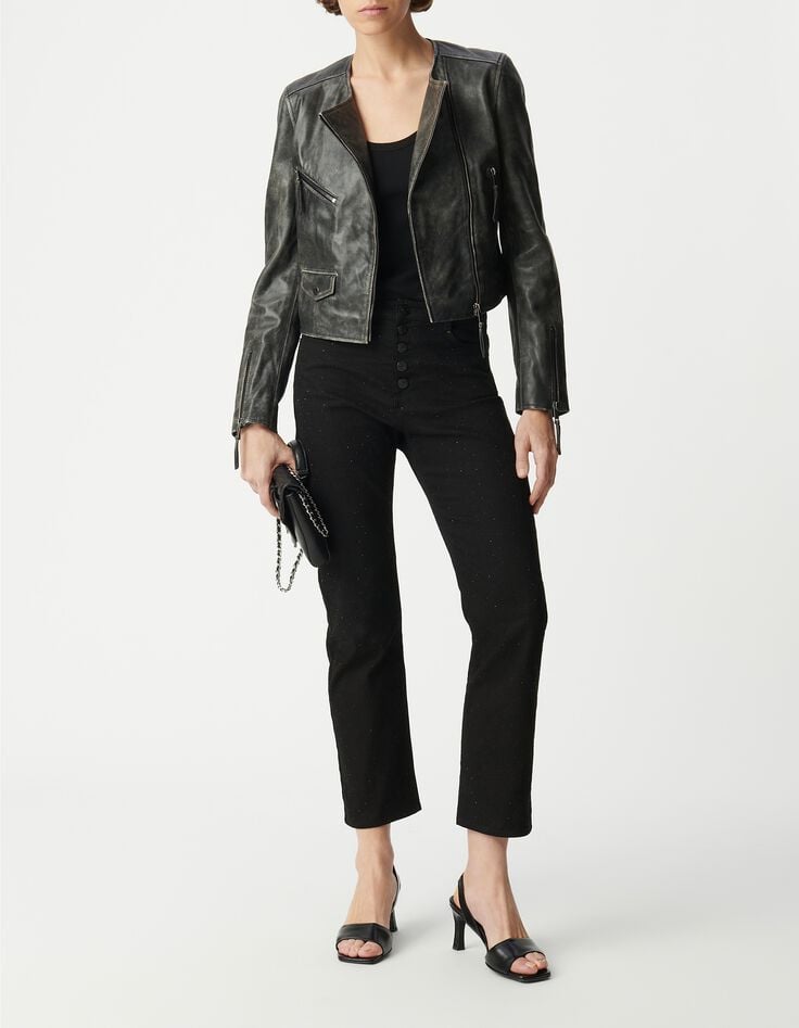 Schwarze Bikerjacke aus gewaschenem Leder mit Rei&szlig;verschlusstaschen Damen-1