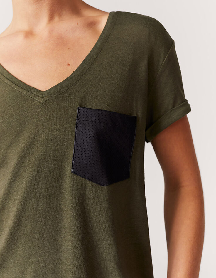 Tee-shirt col V en mix lin uni kaki détail poche femme-4