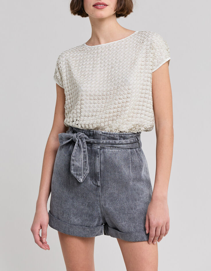 Tee-shirt macram&eacute; col rond ecru femme-2