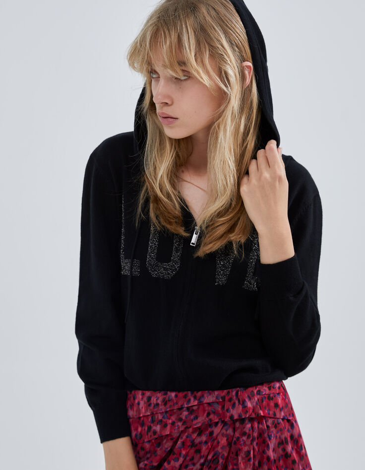 Women’s black knit cardigan, jacquard slogan front & back-4
