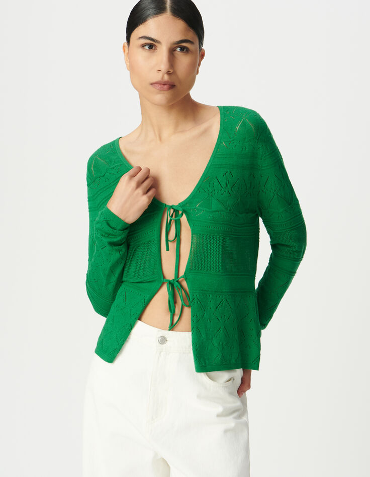 Grüne Strickjacke, Lochstrick zum Binden-2