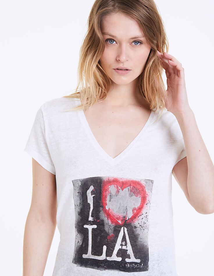 Weißes Damen-T-Shirt aus Leinen mit I love LA-Schriftzug-5